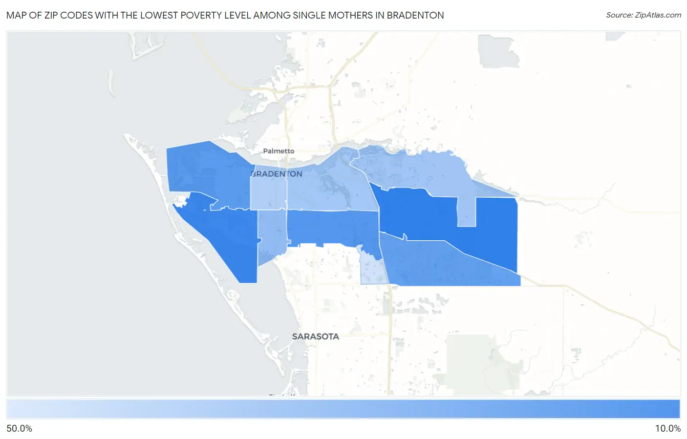 Zip Codes with the Lowest Poverty Level Among Single Mothers in Bradenton Map