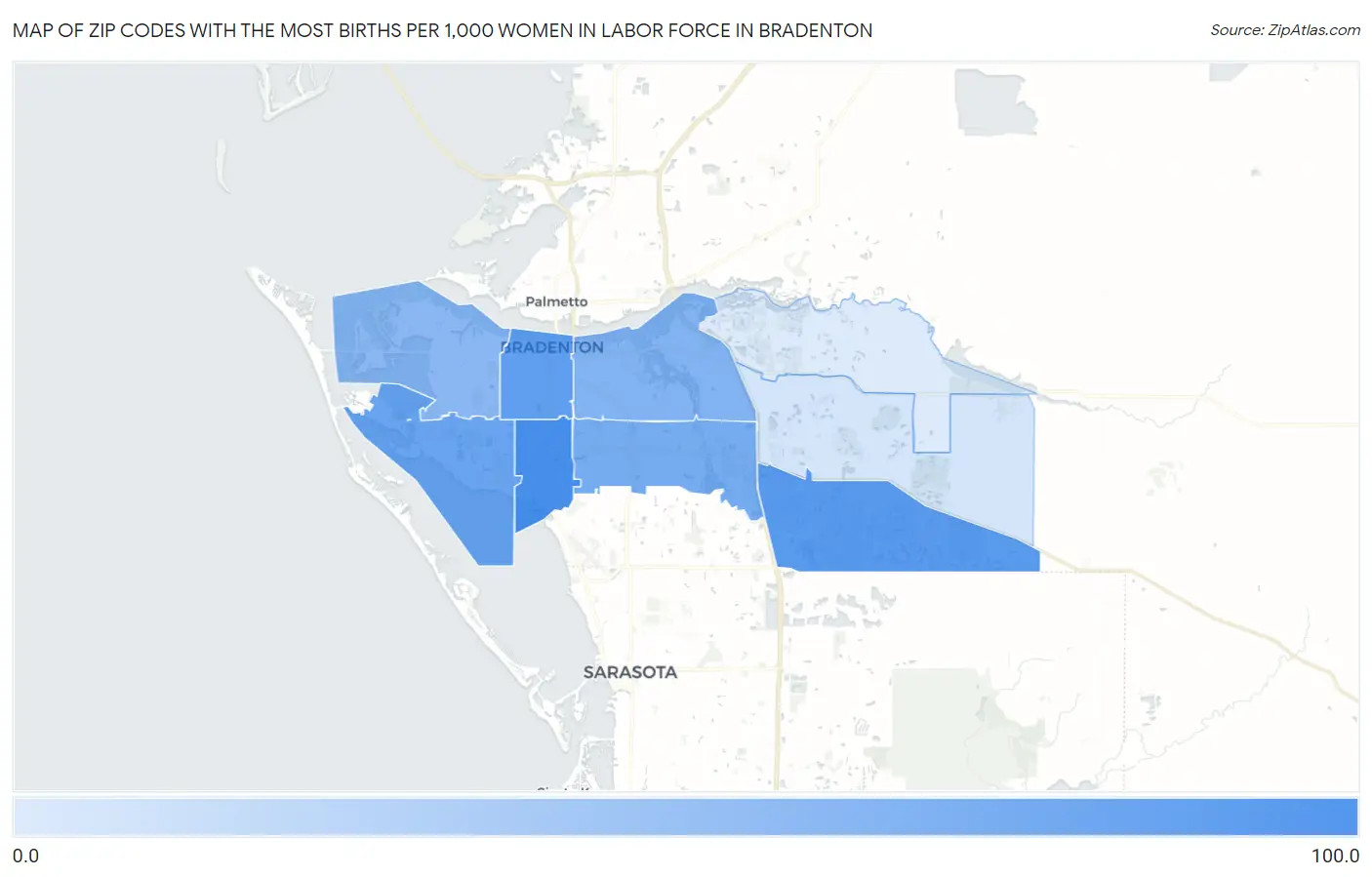 Zip Codes with the Most Births per 1,000 Women in Labor Force in Bradenton Map