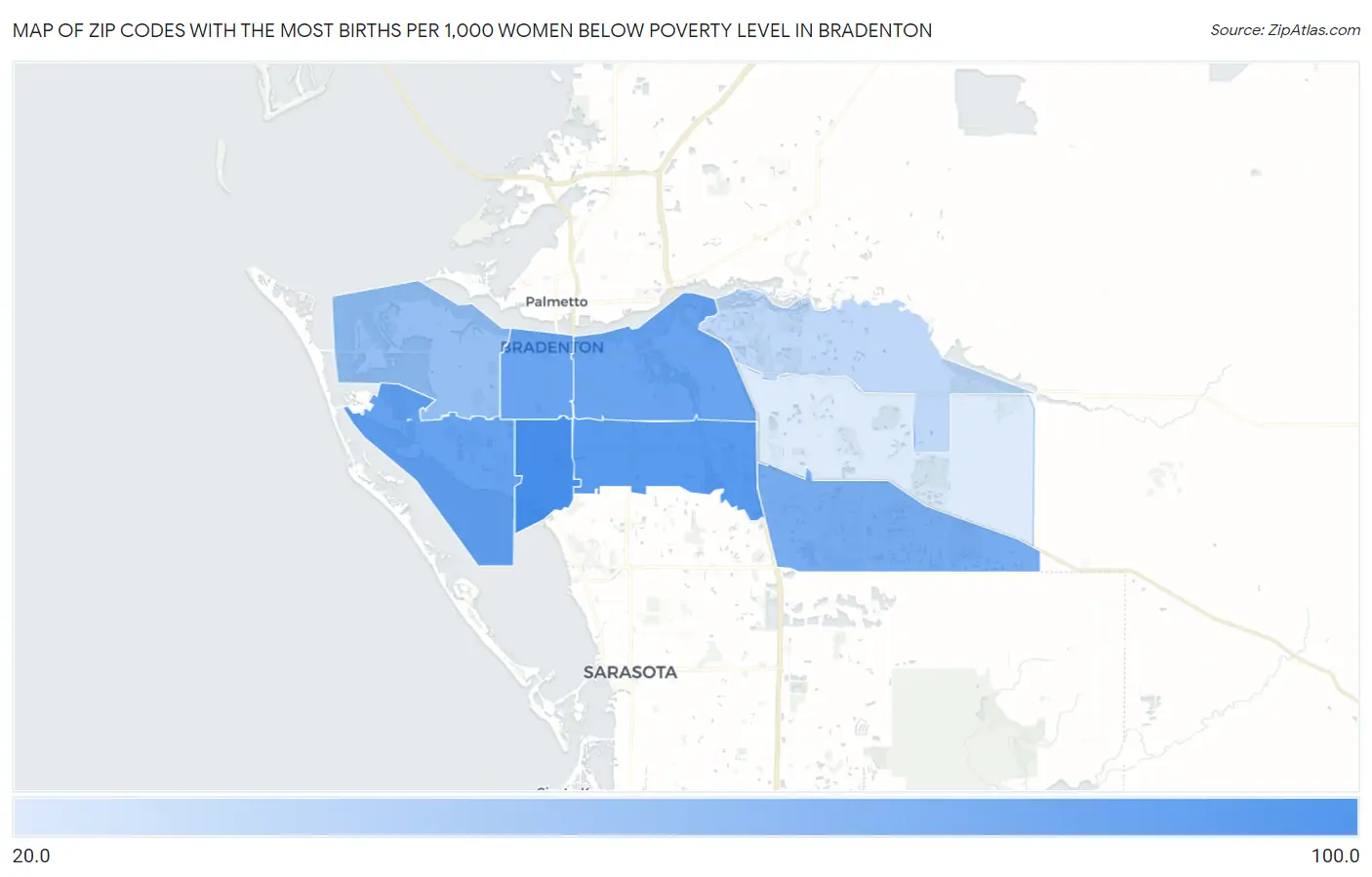 Zip Codes with the Most Births per 1,000 Women Below Poverty Level in Bradenton Map