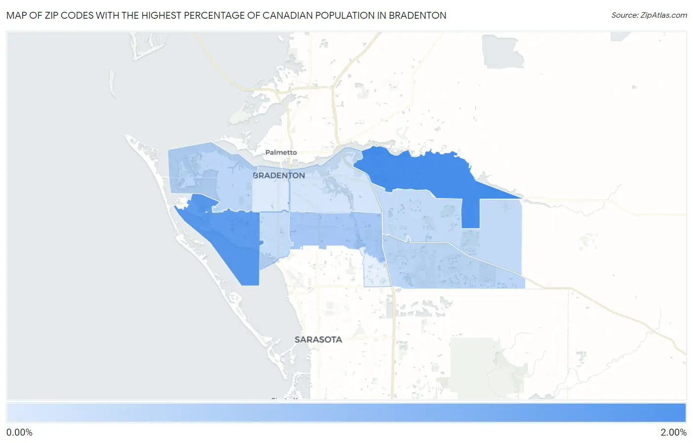 Zip Codes with the Highest Percentage of Canadian Population in Bradenton Map