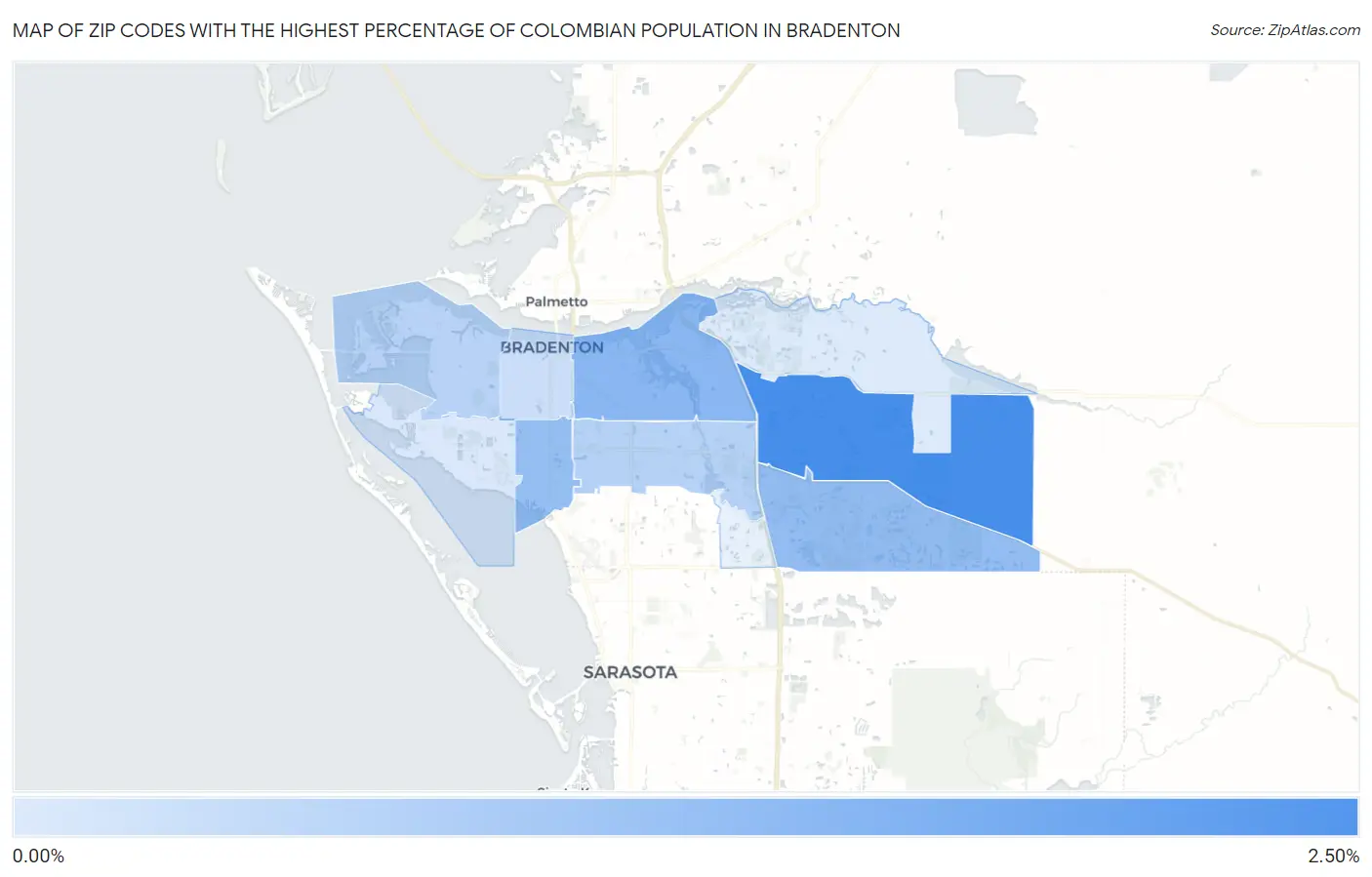 Zip Codes with the Highest Percentage of Colombian Population in Bradenton Map