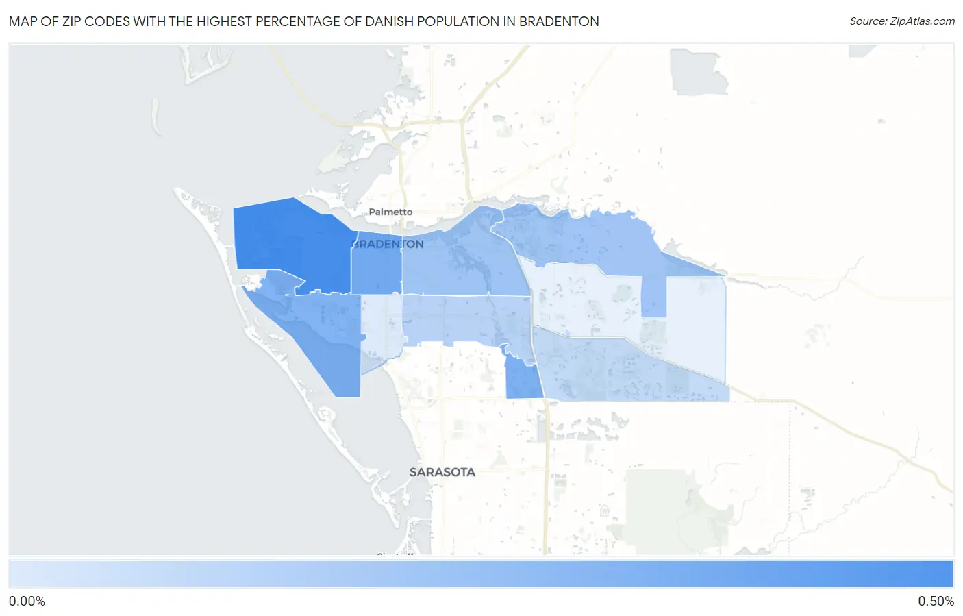 Zip Codes with the Highest Percentage of Danish Population in Bradenton Map