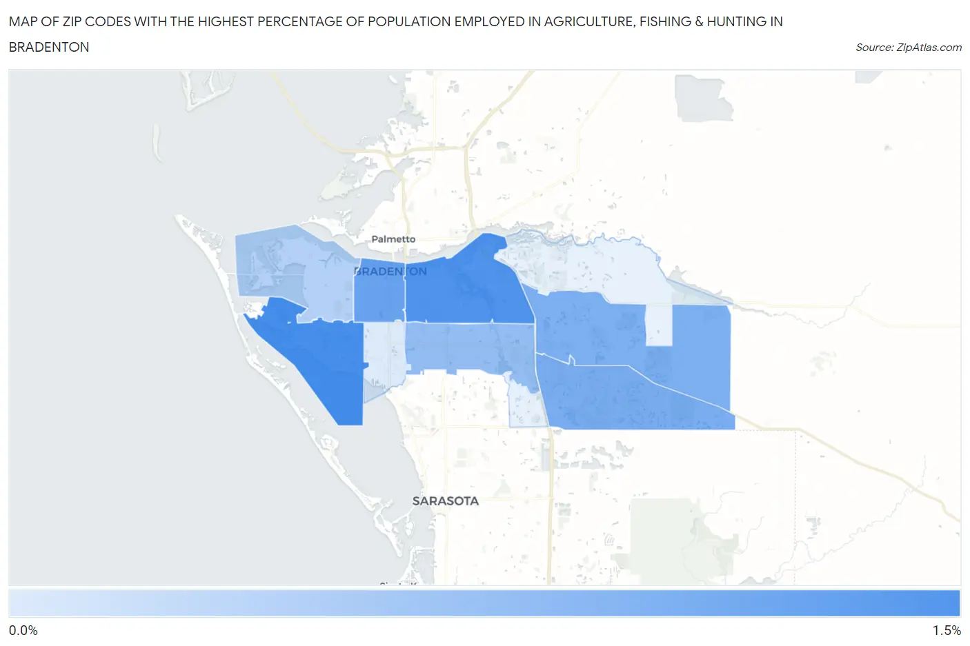 Zip Codes with the Highest Percentage of Population Employed in Agriculture, Fishing & Hunting in Bradenton Map