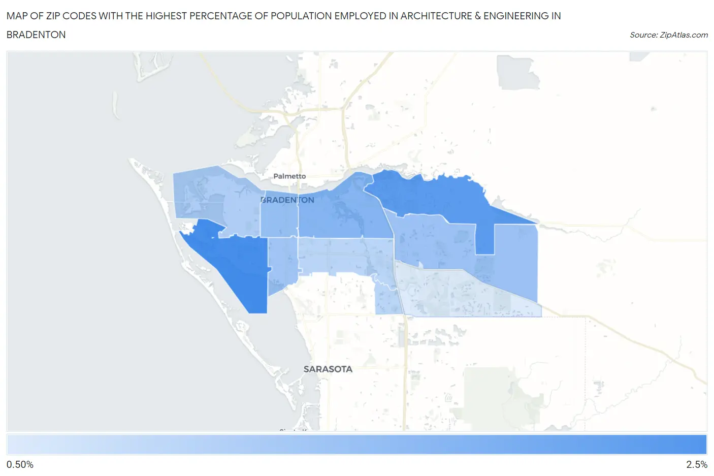 Zip Codes with the Highest Percentage of Population Employed in Architecture & Engineering in Bradenton Map