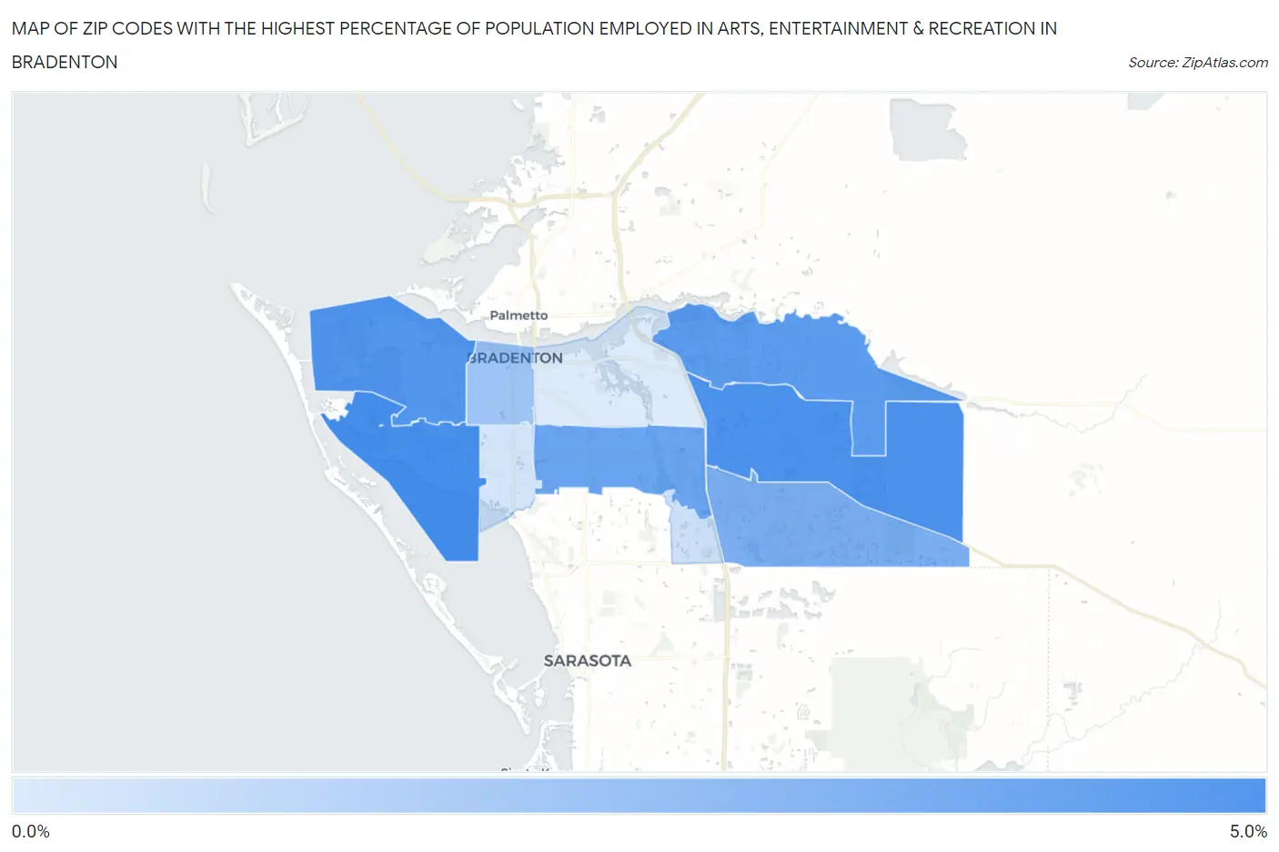 Zip Codes with the Highest Percentage of Population Employed in Arts, Entertainment & Recreation in Bradenton Map