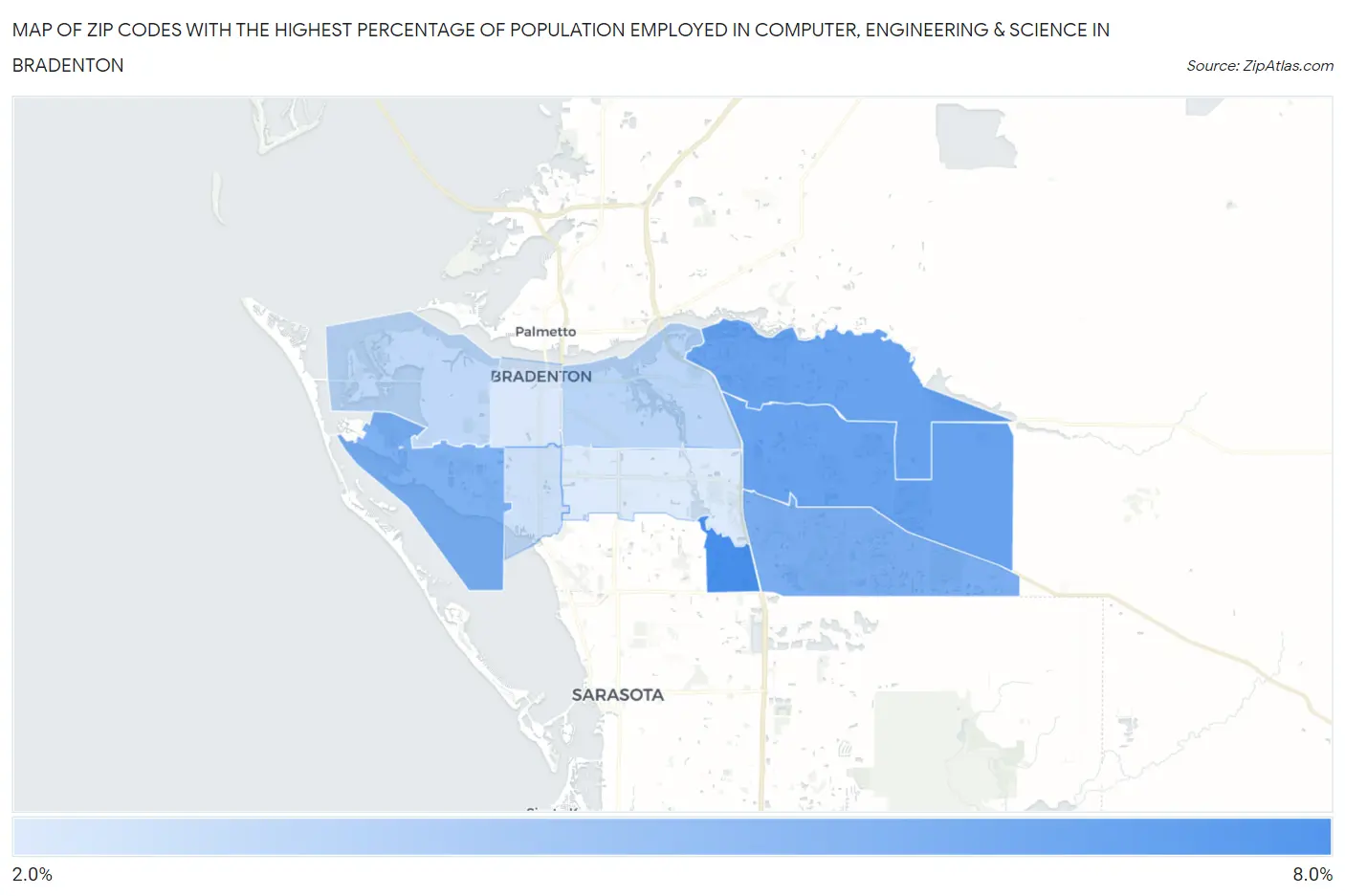 Zip Codes with the Highest Percentage of Population Employed in Computer, Engineering & Science in Bradenton Map