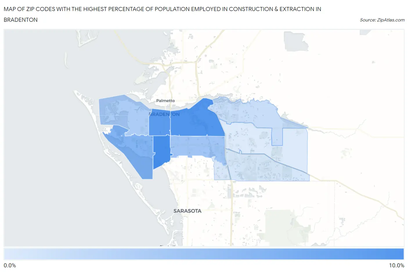 Zip Codes with the Highest Percentage of Population Employed in Construction & Extraction in Bradenton Map