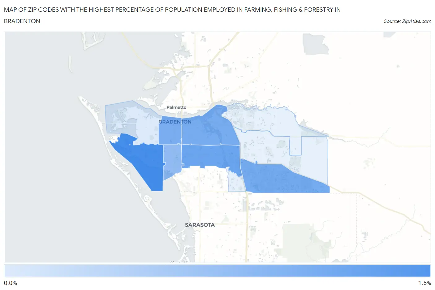 Zip Codes with the Highest Percentage of Population Employed in Farming, Fishing & Forestry in Bradenton Map