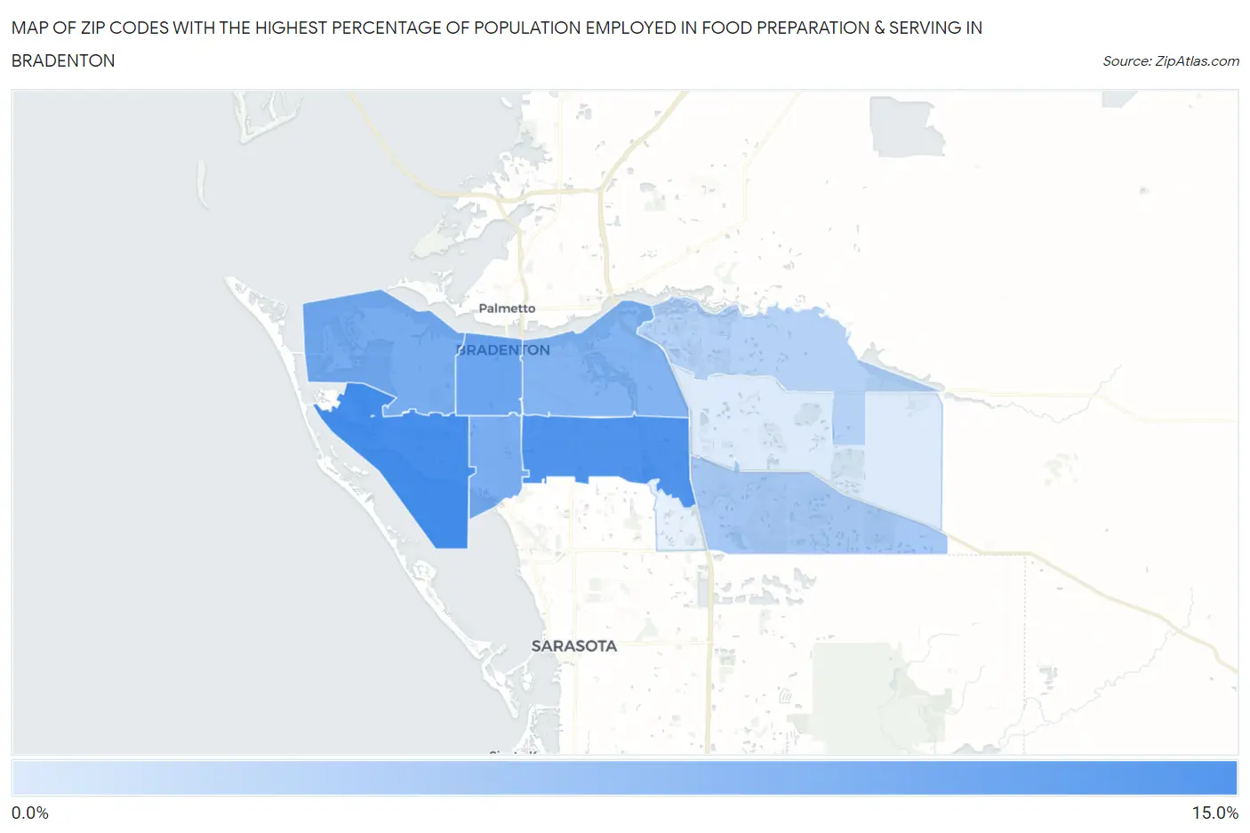 Zip Codes with the Highest Percentage of Population Employed in Food Preparation & Serving in Bradenton Map