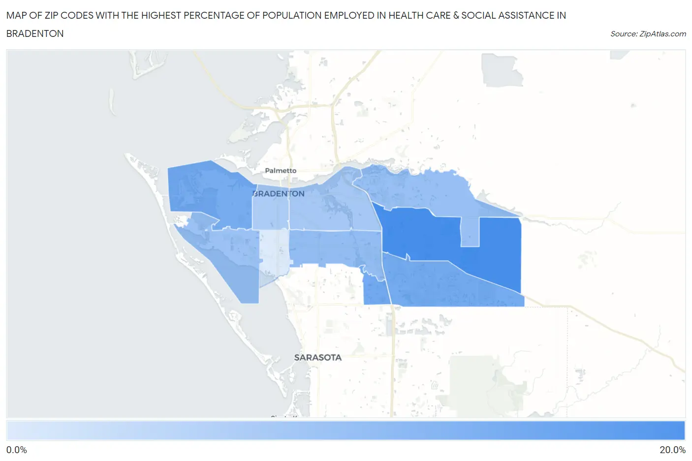 Zip Codes with the Highest Percentage of Population Employed in Health Care & Social Assistance in Bradenton Map