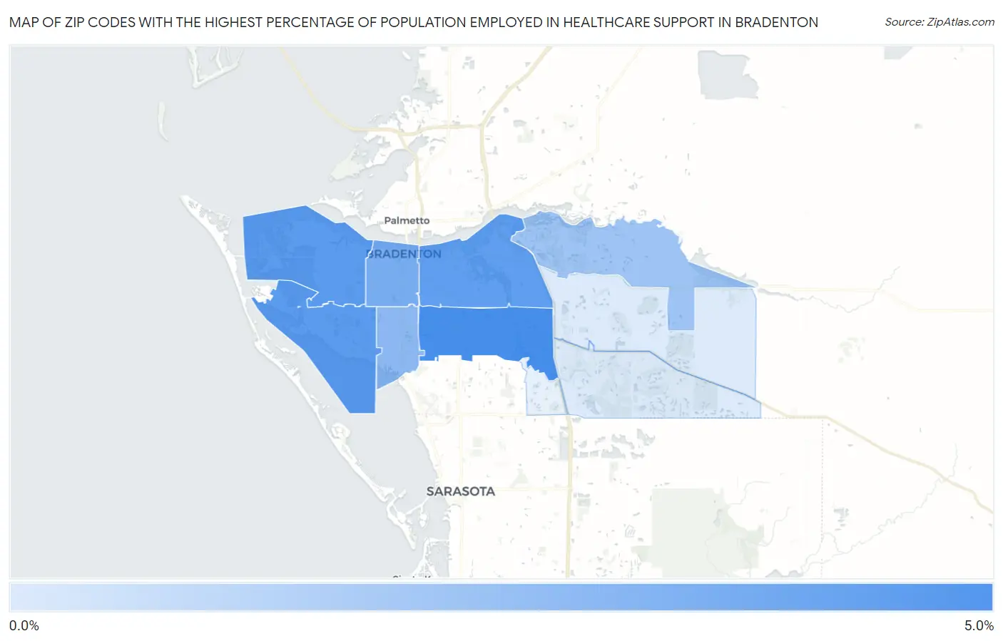 Zip Codes with the Highest Percentage of Population Employed in Healthcare Support in Bradenton Map