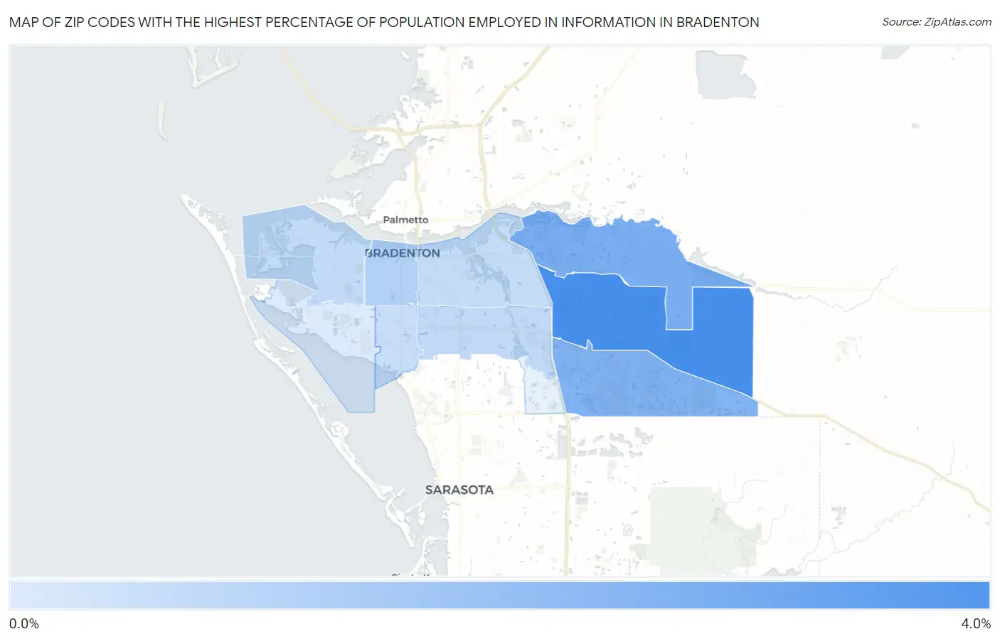 Zip Codes with the Highest Percentage of Population Employed in Information in Bradenton Map