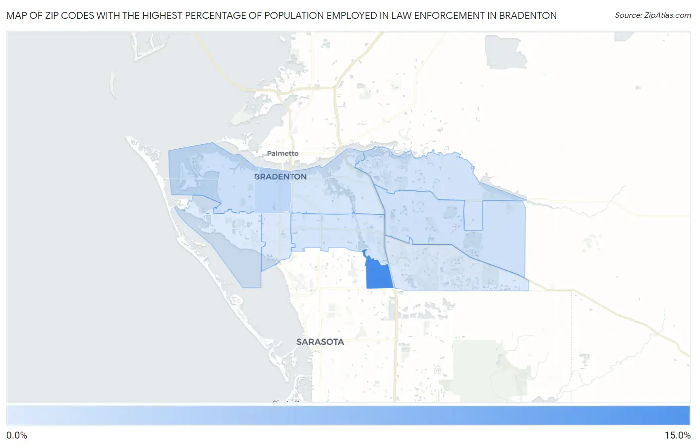 Zip Codes with the Highest Percentage of Population Employed in Law Enforcement in Bradenton Map