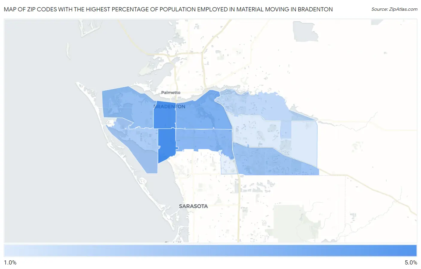 Zip Codes with the Highest Percentage of Population Employed in Material Moving in Bradenton Map