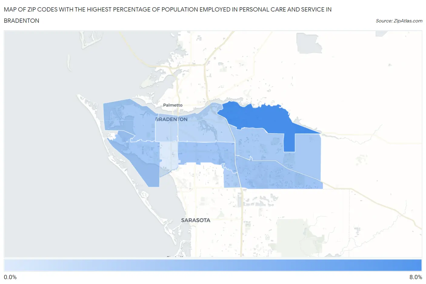 Zip Codes with the Highest Percentage of Population Employed in Personal Care and Service in Bradenton Map