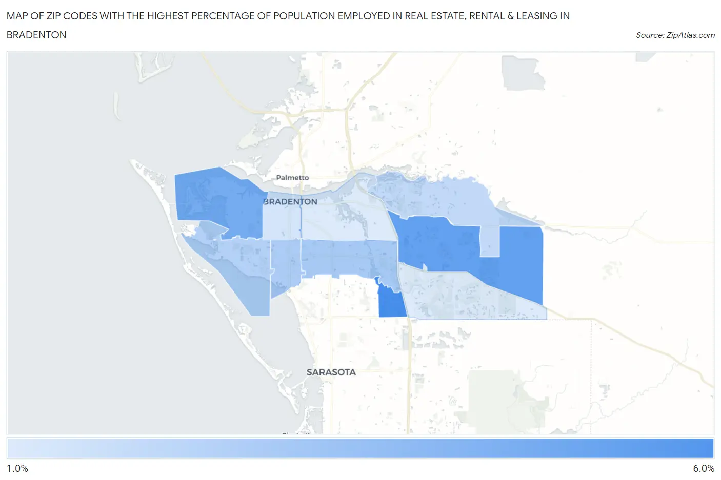 Zip Codes with the Highest Percentage of Population Employed in Real Estate, Rental & Leasing in Bradenton Map