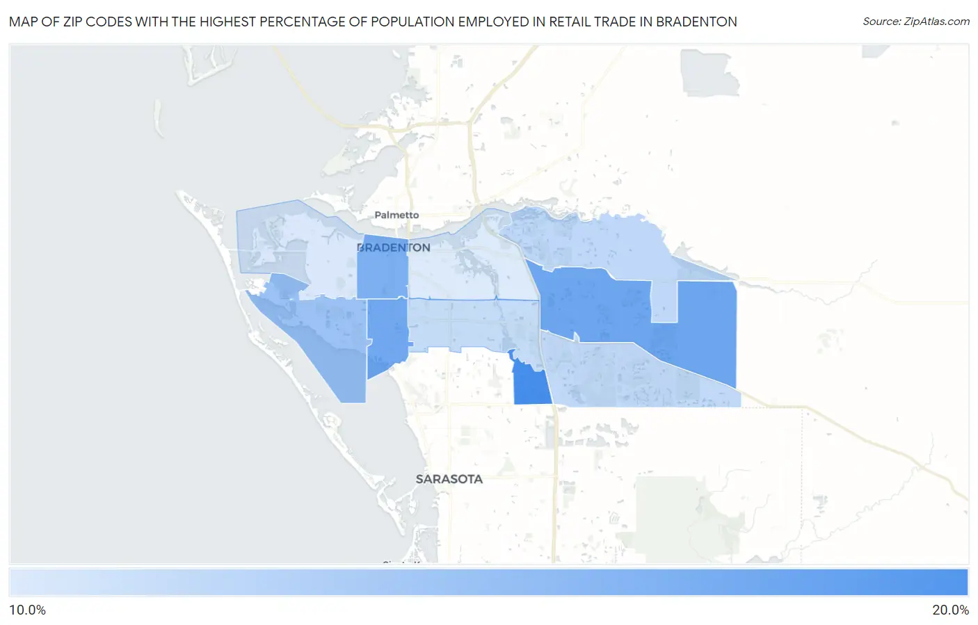 Zip Codes with the Highest Percentage of Population Employed in Retail Trade in Bradenton Map