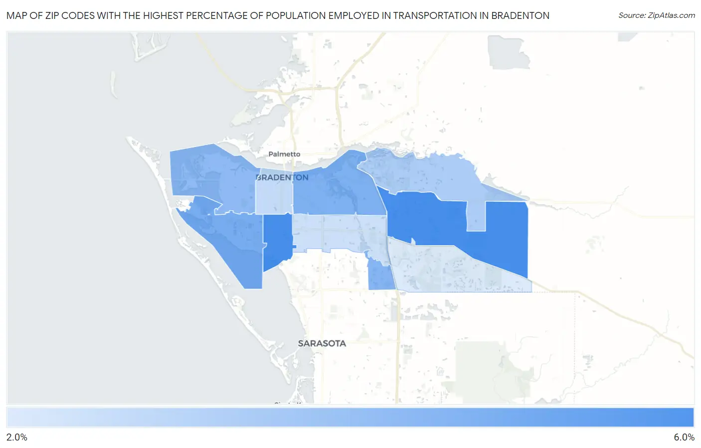 Zip Codes with the Highest Percentage of Population Employed in Transportation in Bradenton Map
