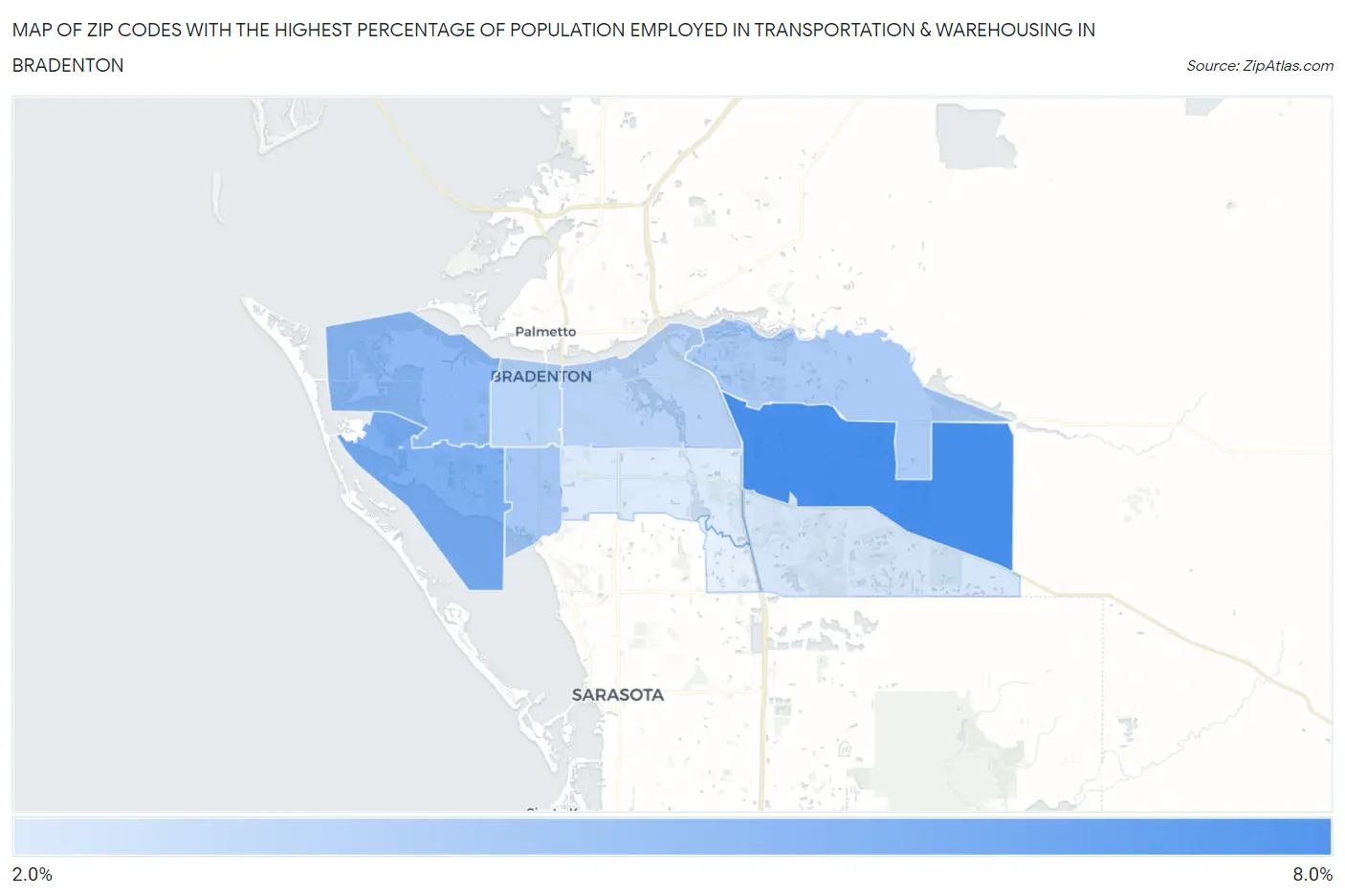Zip Codes with the Highest Percentage of Population Employed in Transportation & Warehousing in Bradenton Map