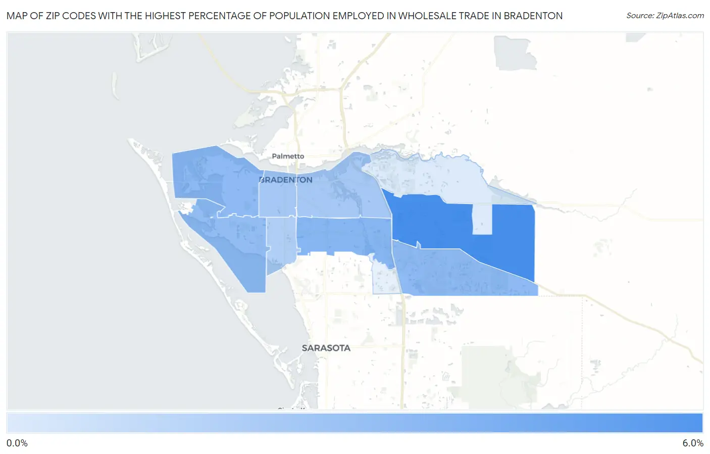 Zip Codes with the Highest Percentage of Population Employed in Wholesale Trade in Bradenton Map