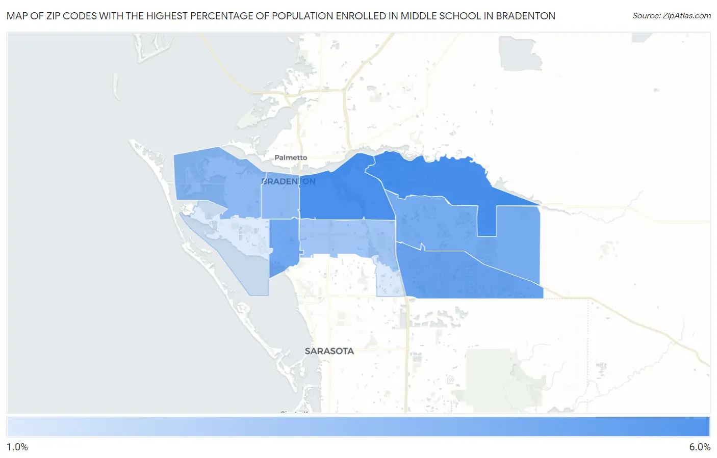 Zip Codes with the Highest Percentage of Population Enrolled in Middle School in Bradenton Map