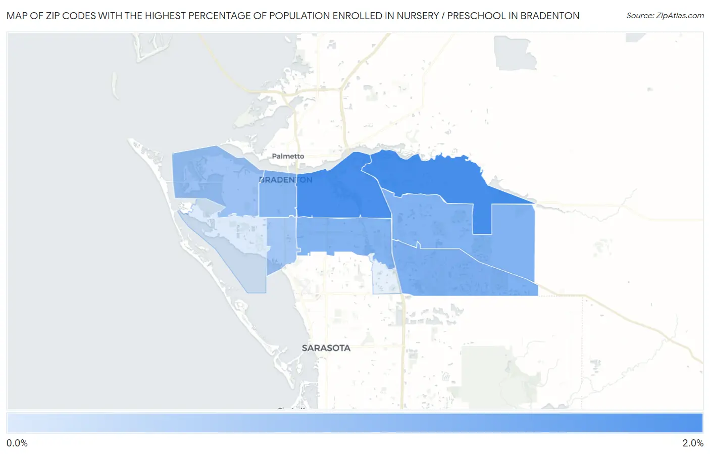 Zip Codes with the Highest Percentage of Population Enrolled in Nursery / Preschool in Bradenton Map