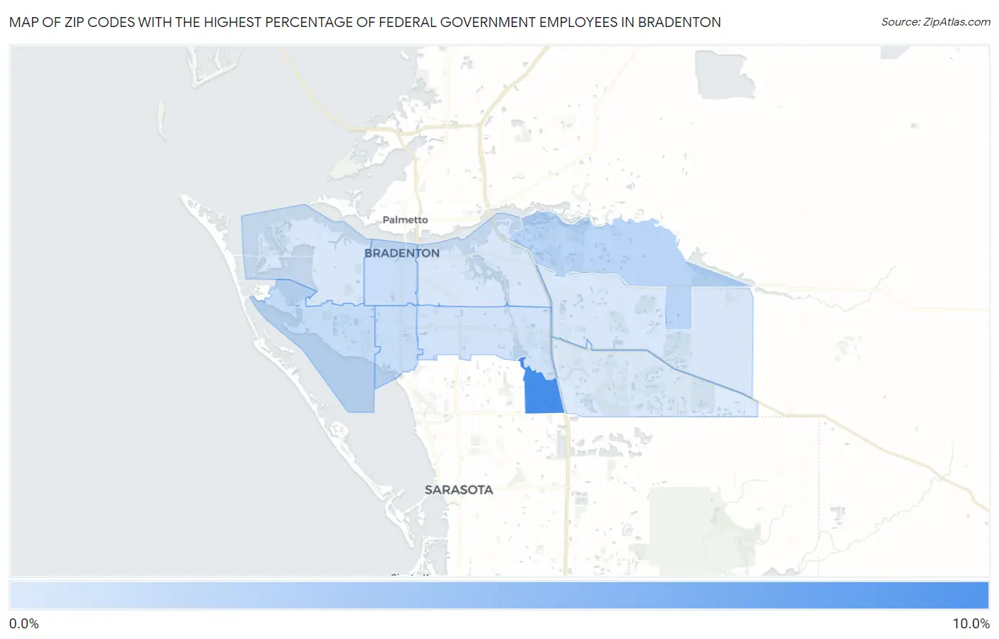 Zip Codes with the Highest Percentage of Federal Government Employees in Bradenton Map