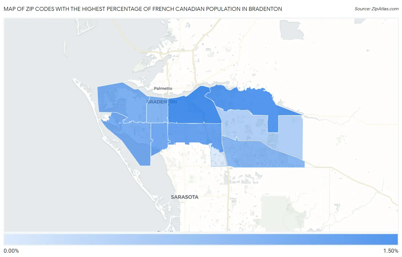 Zip Codes with the Highest Percentage of French Canadian Population in Bradenton Map