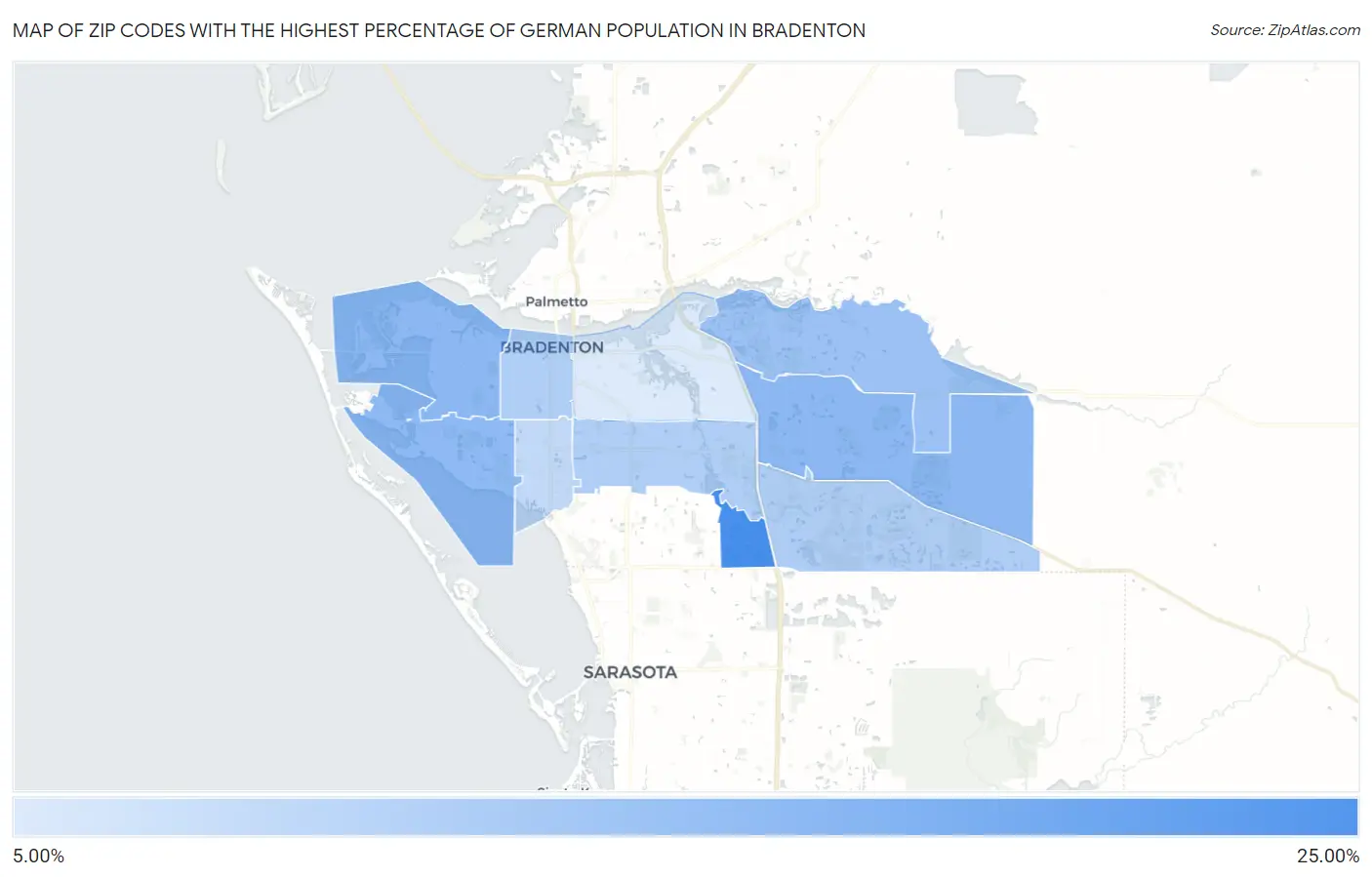 Zip Codes with the Highest Percentage of German Population in Bradenton Map