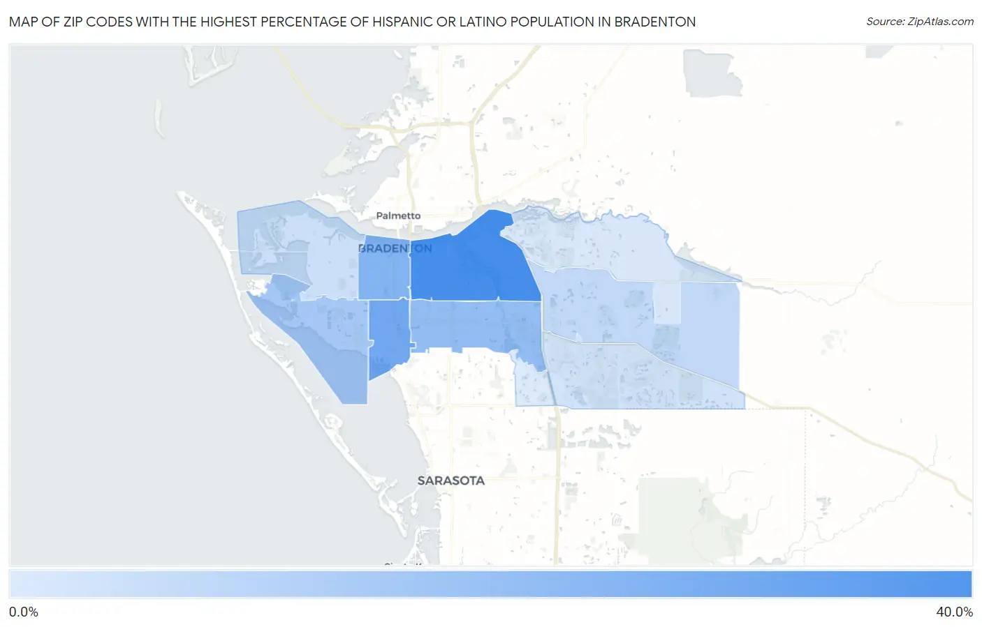Zip Codes with the Highest Percentage of Hispanic or Latino Population in Bradenton Map