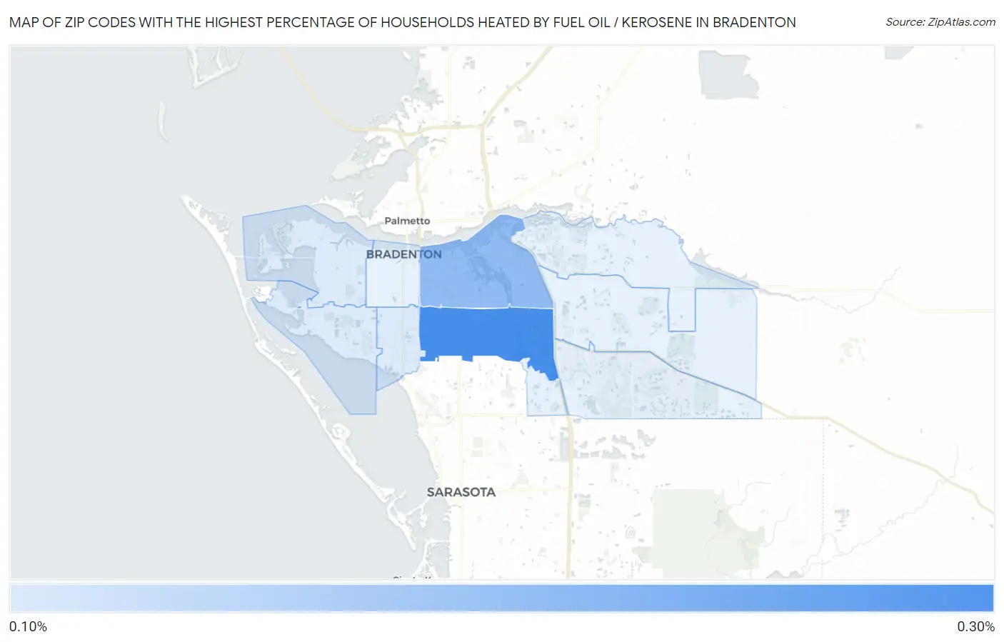 Zip Codes with the Highest Percentage of Households Heated by Fuel Oil / Kerosene in Bradenton Map