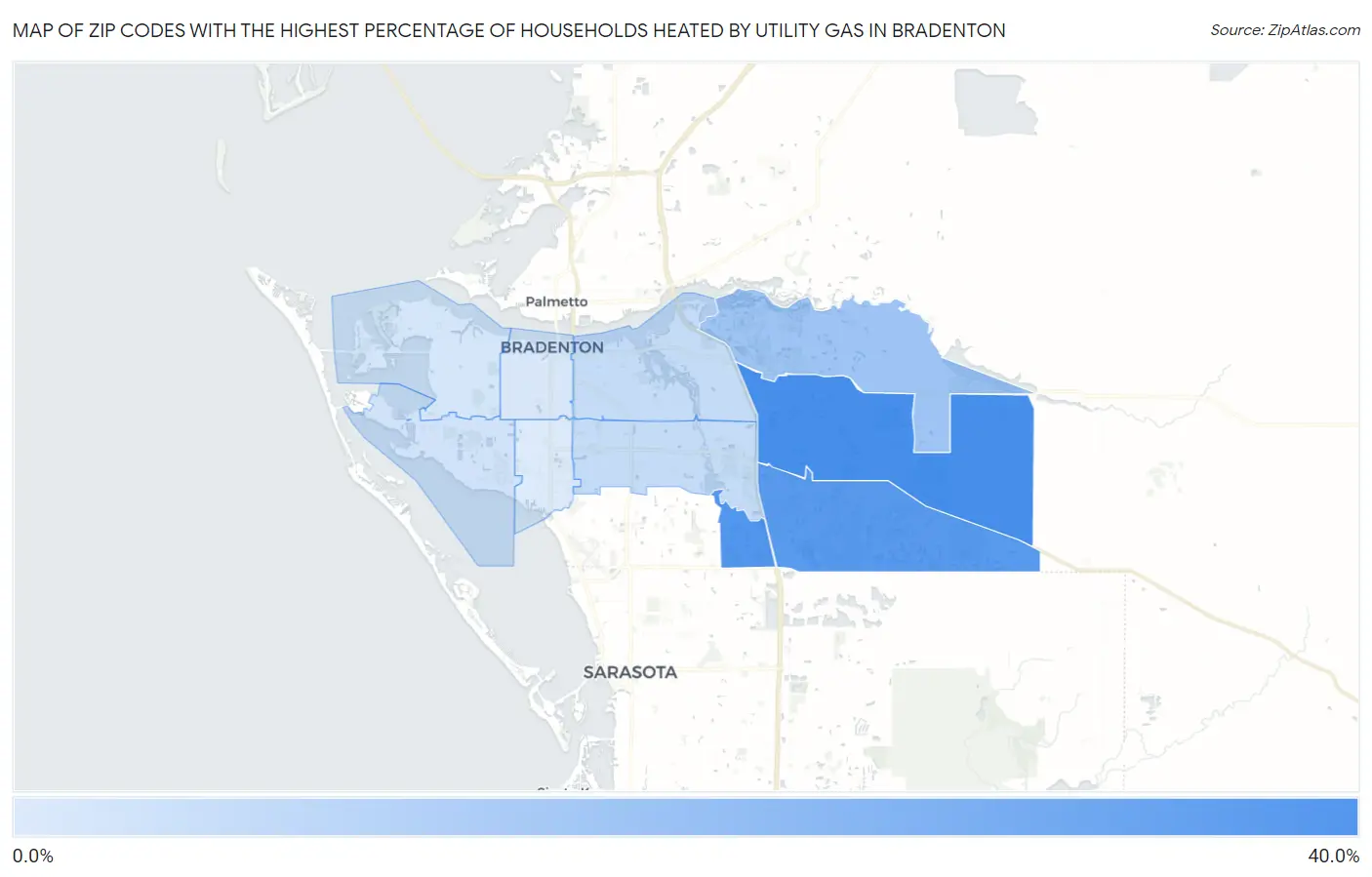 Zip Codes with the Highest Percentage of Households Heated by Utility Gas in Bradenton Map