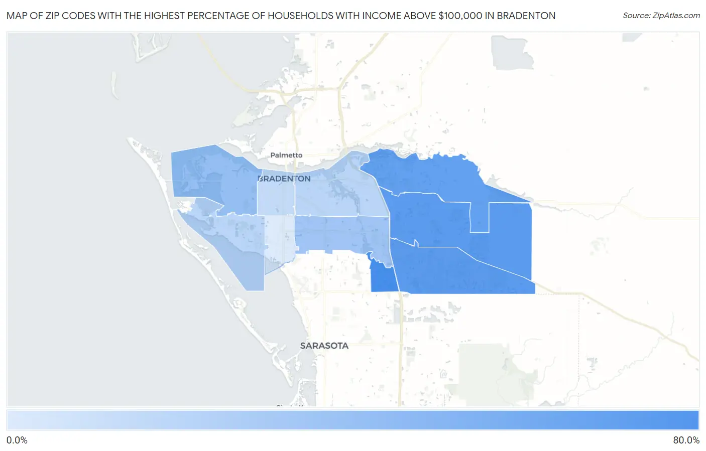 Zip Codes with the Highest Percentage of Households with Income Above $100,000 in Bradenton Map