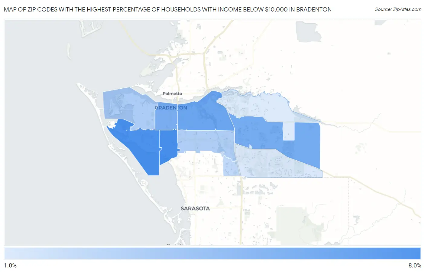 Zip Codes with the Highest Percentage of Households with Income Below $10,000 in Bradenton Map
