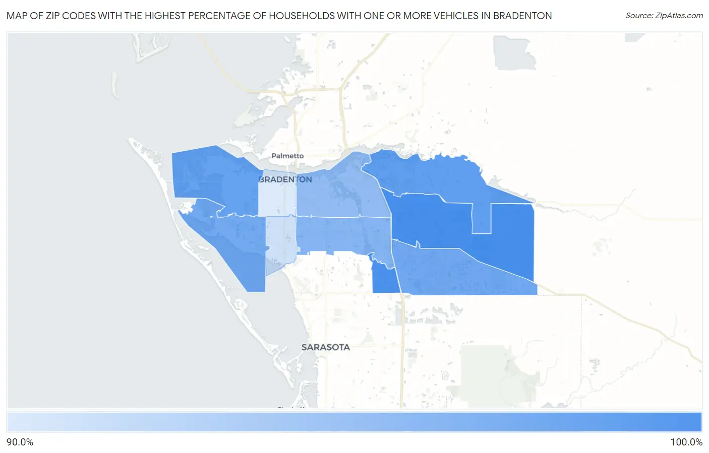 Zip Codes with the Highest Percentage of Households With One or more Vehicles in Bradenton Map