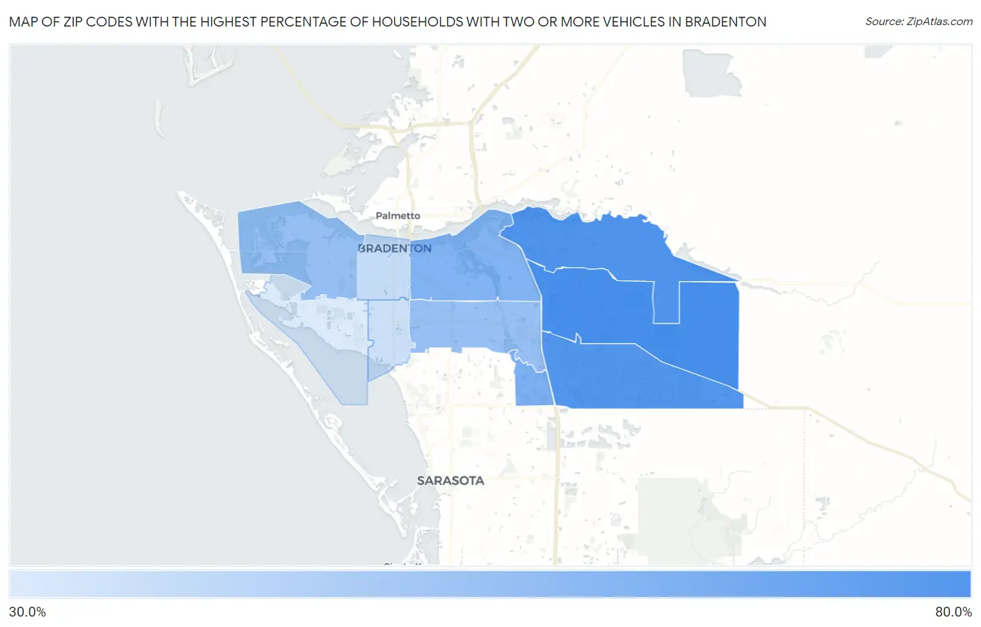 Zip Codes with the Highest Percentage of Households With Two or more Vehicles in Bradenton Map