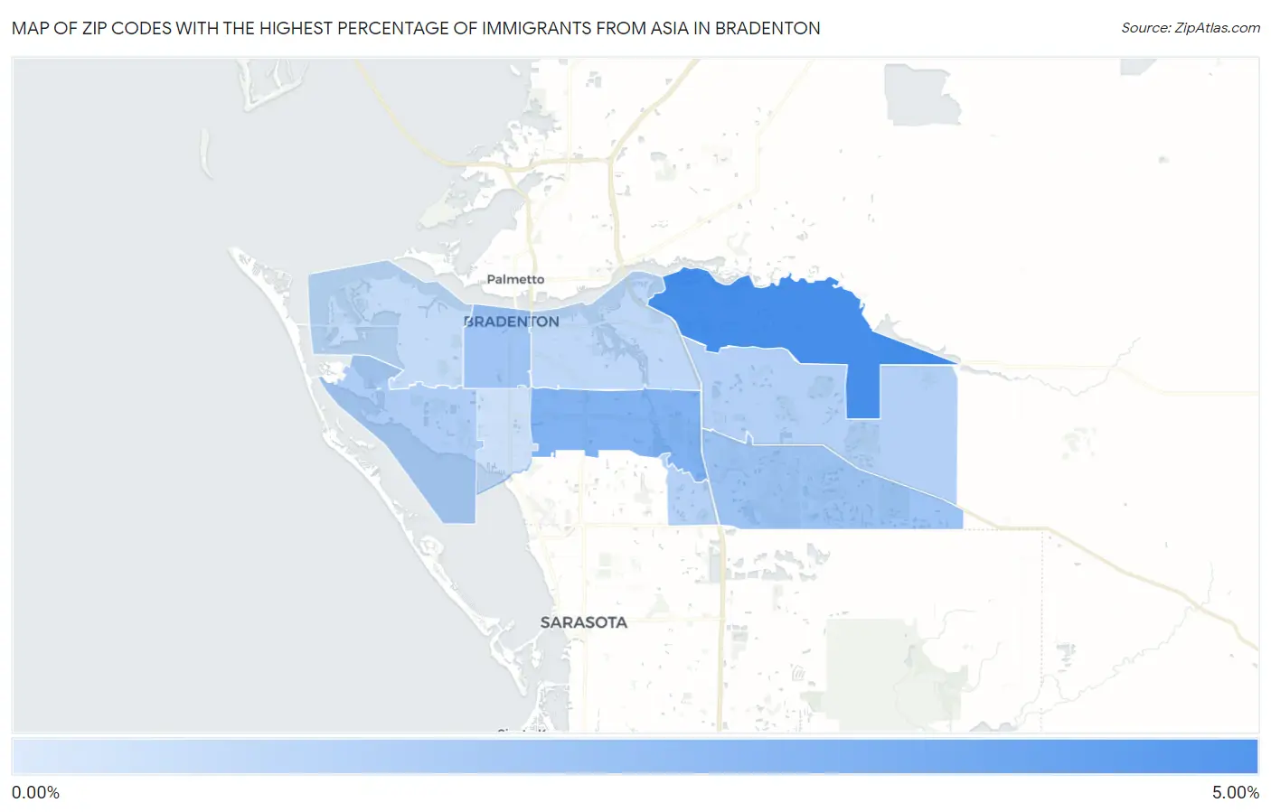 Zip Codes with the Highest Percentage of Immigrants from Asia in Bradenton Map