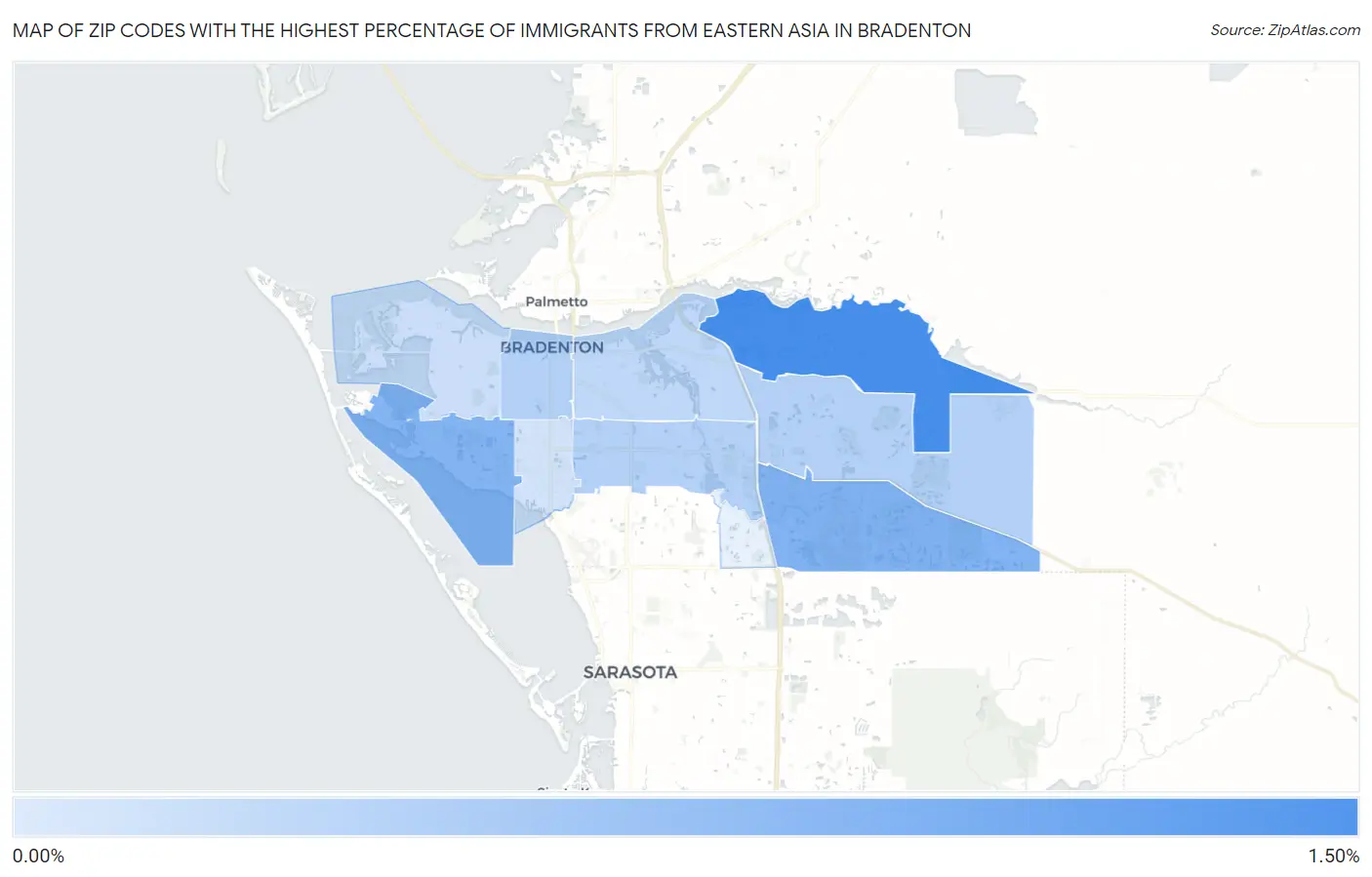 Zip Codes with the Highest Percentage of Immigrants from Eastern Asia in Bradenton Map