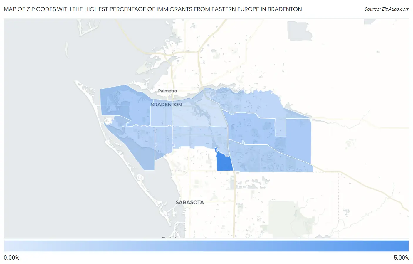 Zip Codes with the Highest Percentage of Immigrants from Eastern Europe in Bradenton Map