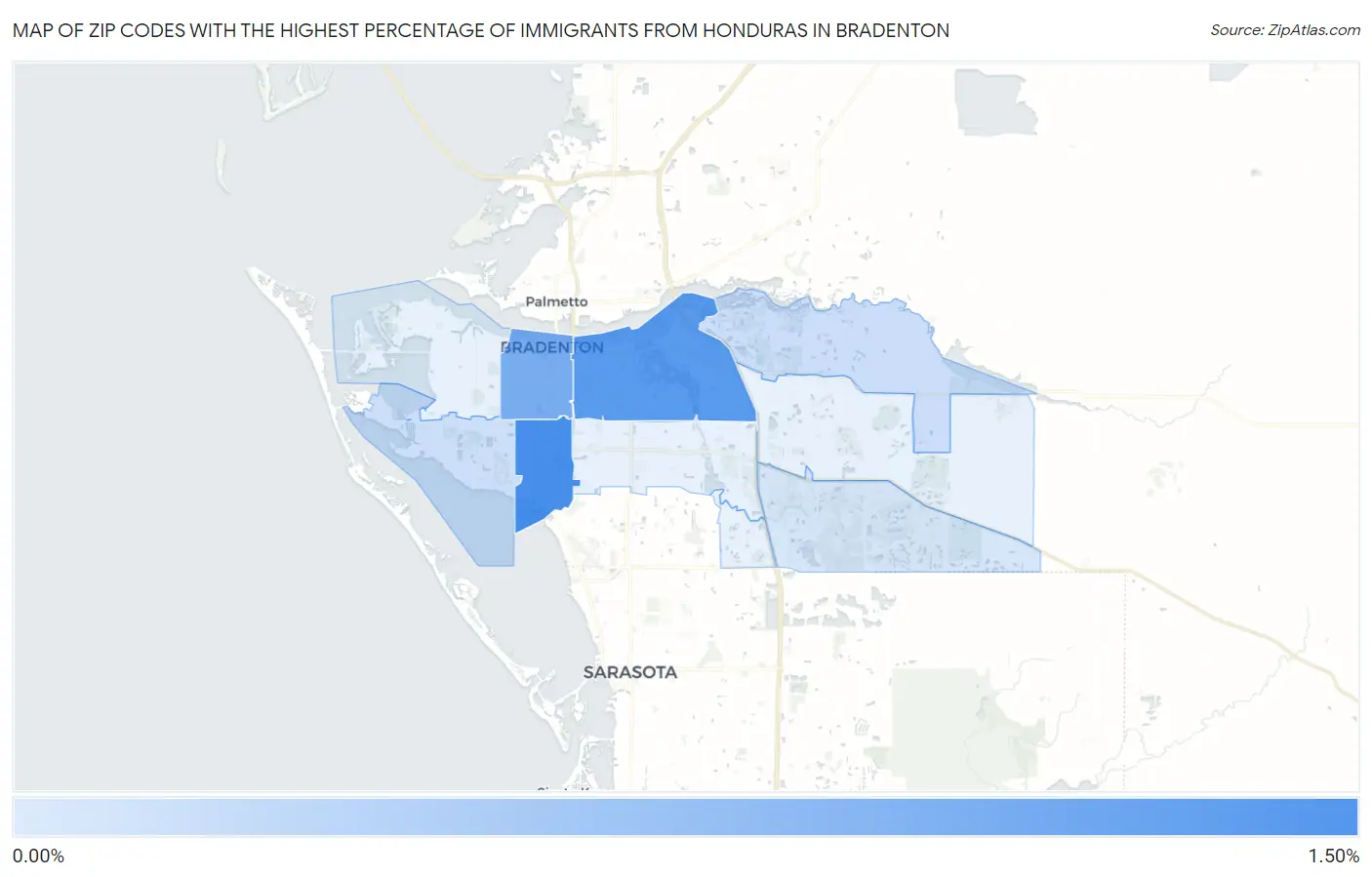 Zip Codes with the Highest Percentage of Immigrants from Honduras in Bradenton Map
