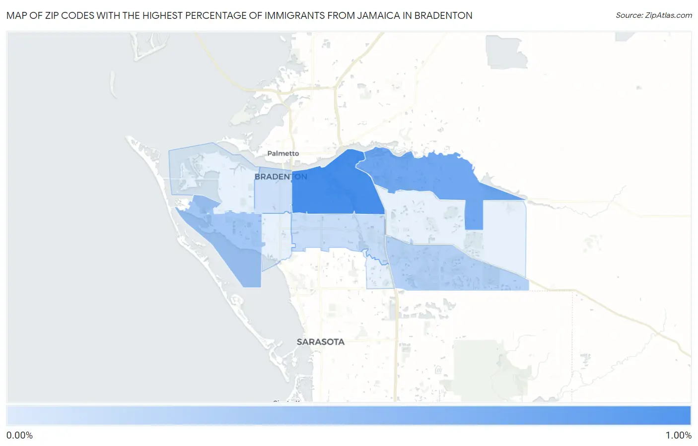 Zip Codes with the Highest Percentage of Immigrants from Jamaica in Bradenton Map