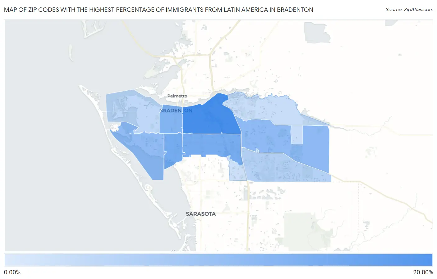 Zip Codes with the Highest Percentage of Immigrants from Latin America in Bradenton Map