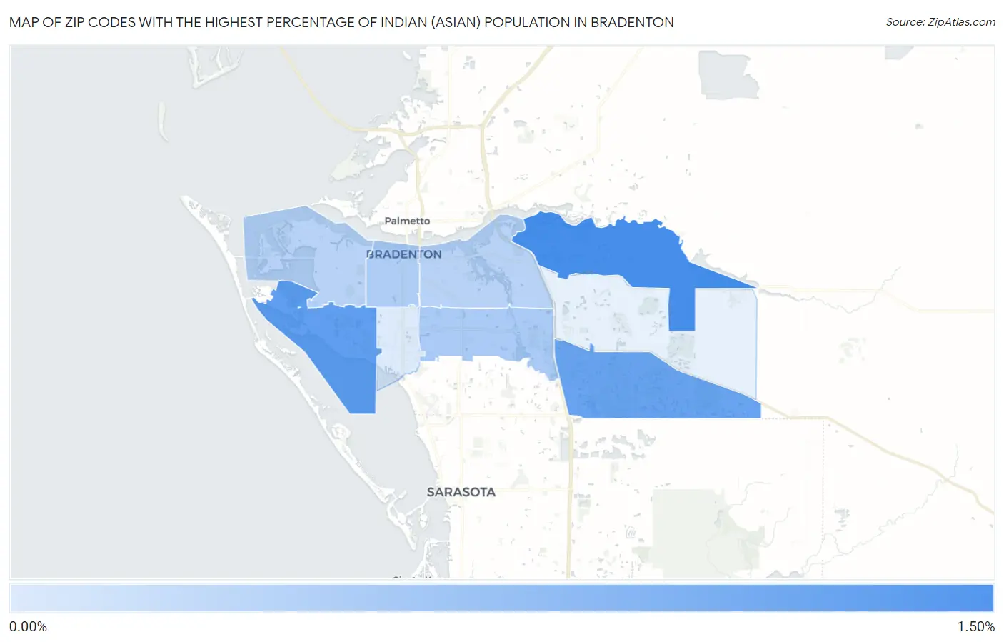 Zip Codes with the Highest Percentage of Indian (Asian) Population in Bradenton Map