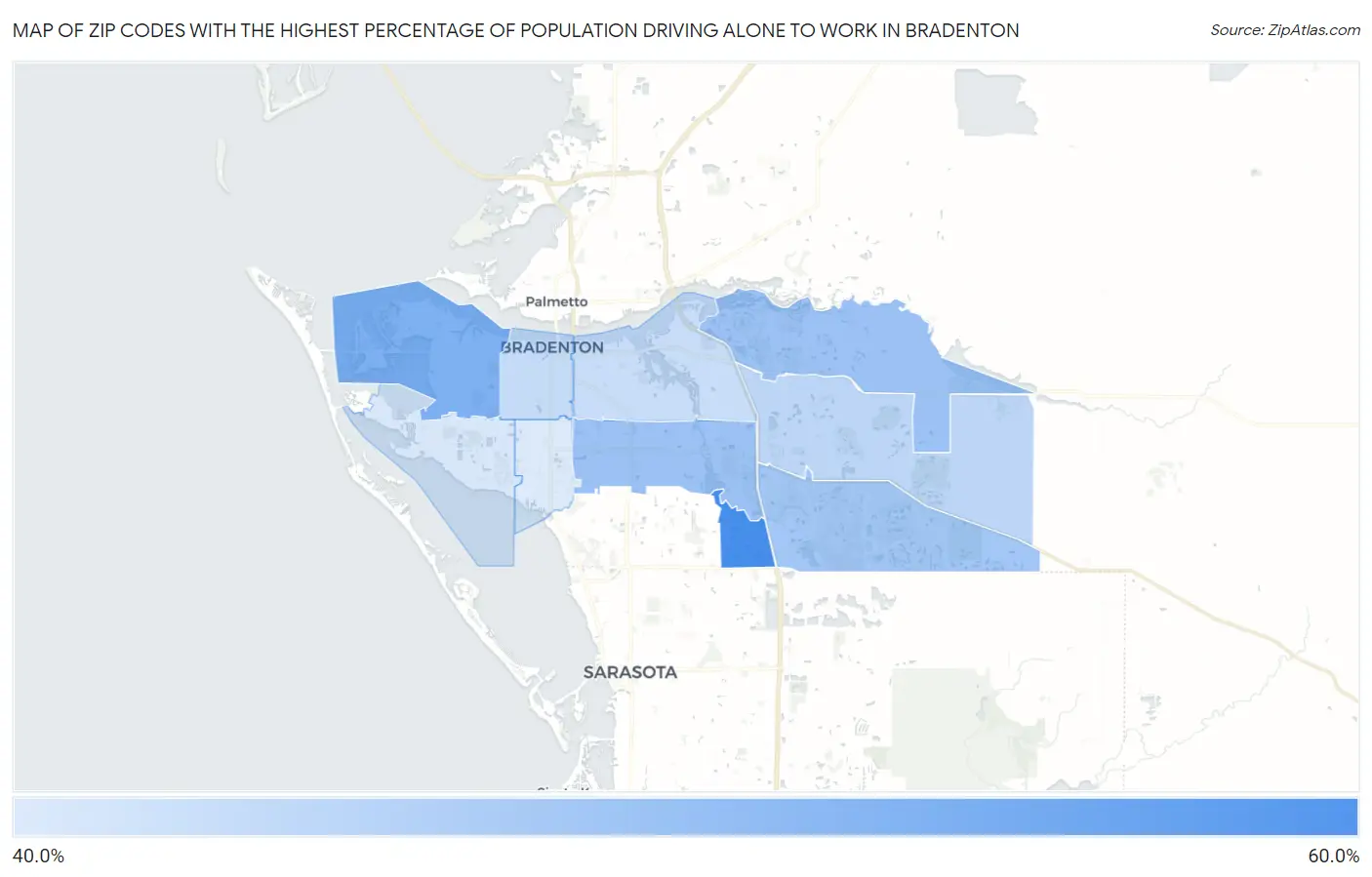 Zip Codes with the Highest Percentage of Population Driving Alone to Work in Bradenton Map