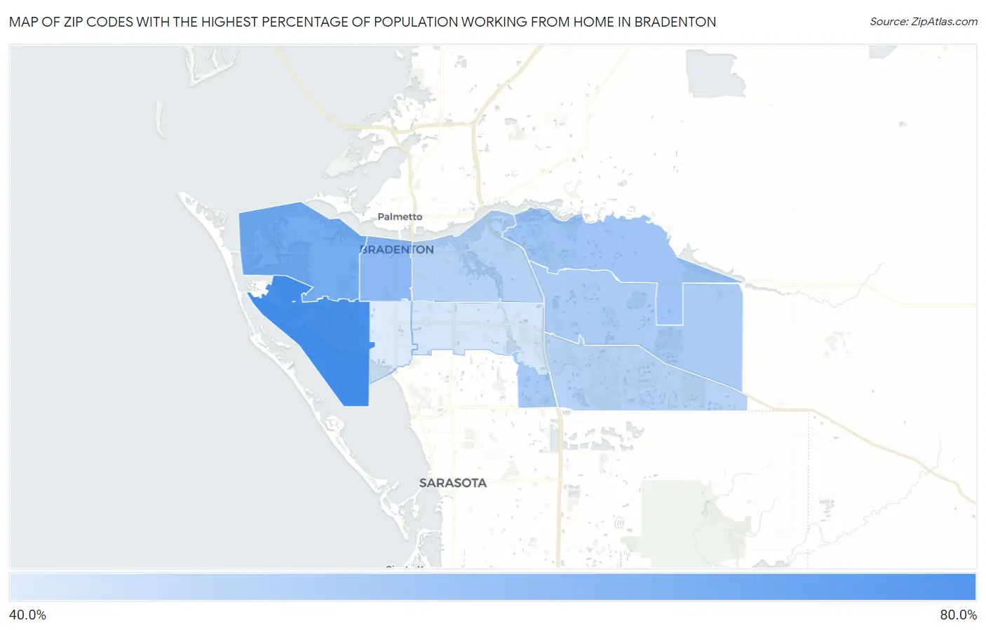 Zip Codes with the Highest Percentage of Population Working from Home in Bradenton Map