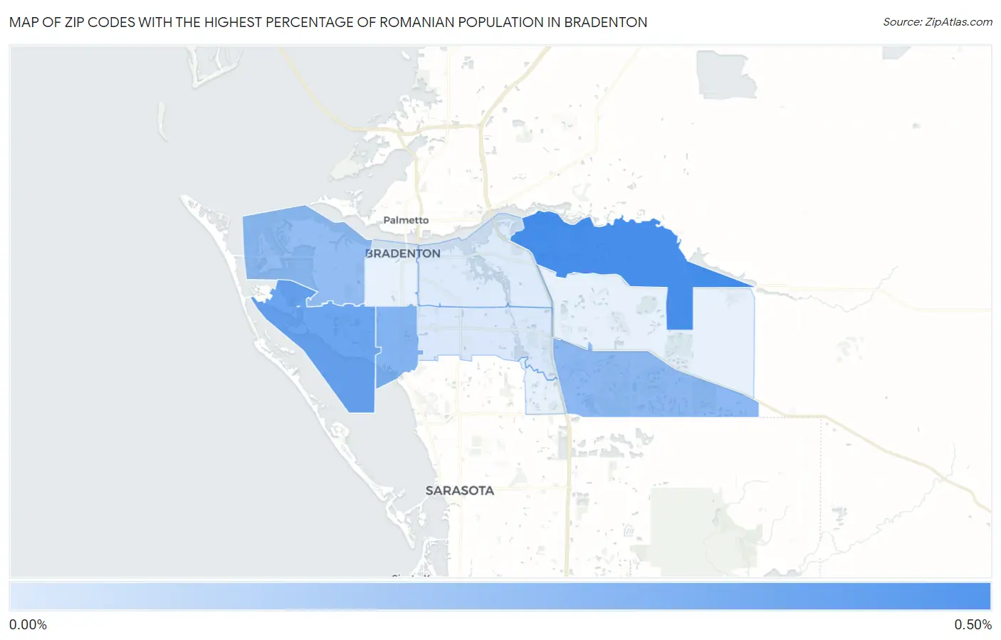 Zip Codes with the Highest Percentage of Romanian Population in Bradenton Map