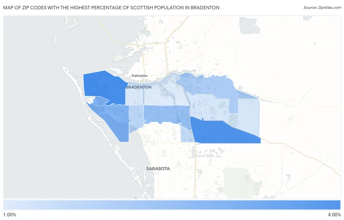 Zip Codes with the Highest Percentage of Scottish Population in Bradenton Map