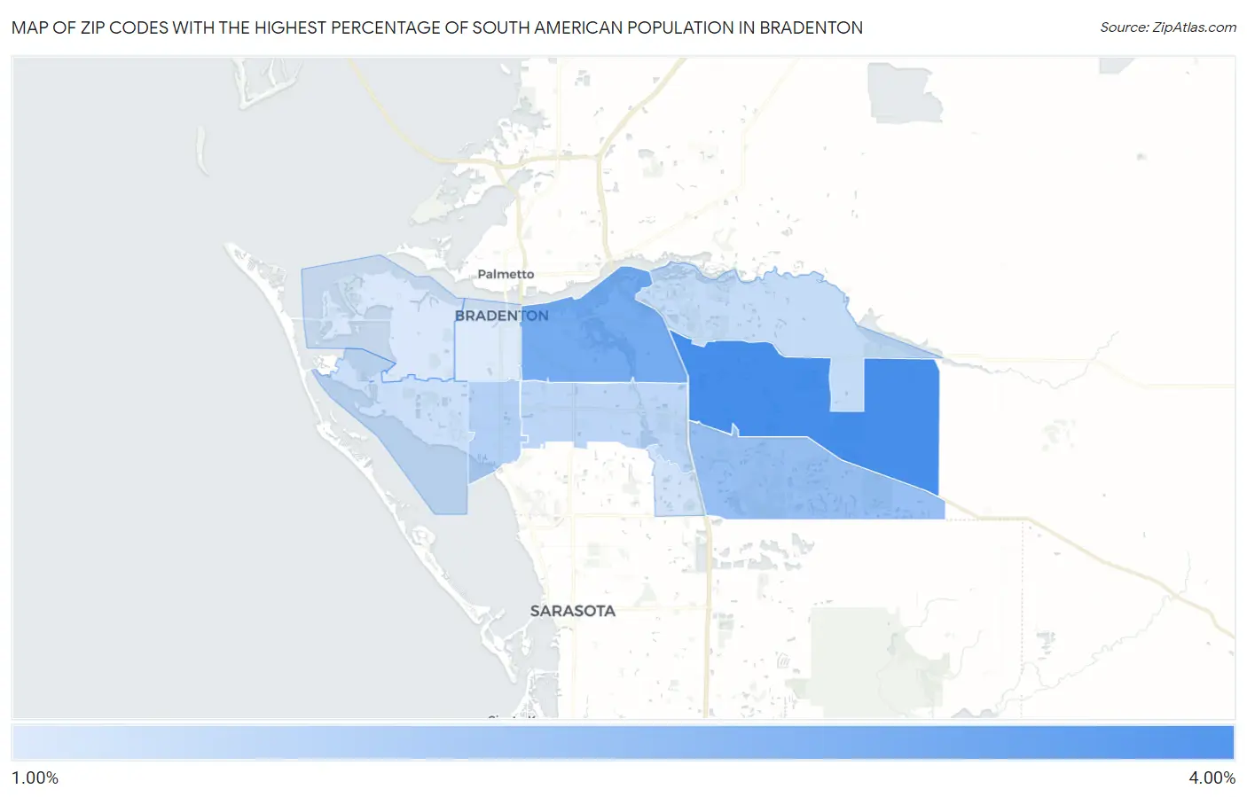 Zip Codes with the Highest Percentage of South American Population in Bradenton Map
