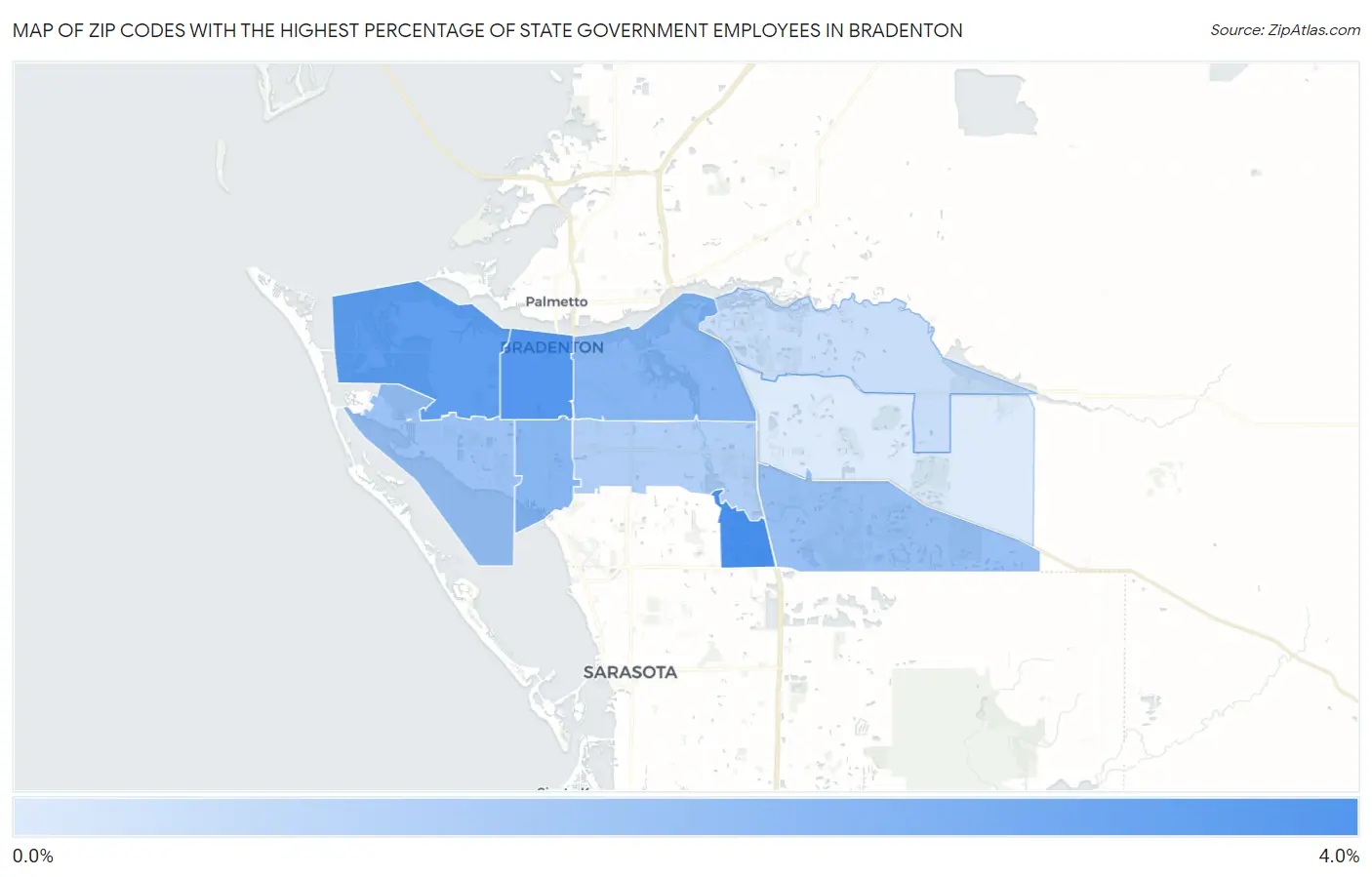 Zip Codes with the Highest Percentage of State Government Employees in Bradenton Map