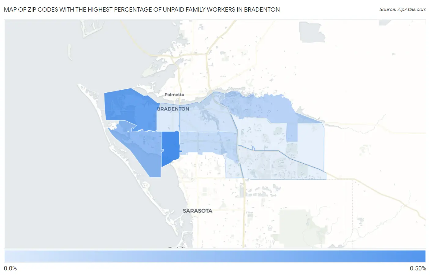 Zip Codes with the Highest Percentage of Unpaid Family Workers in Bradenton Map